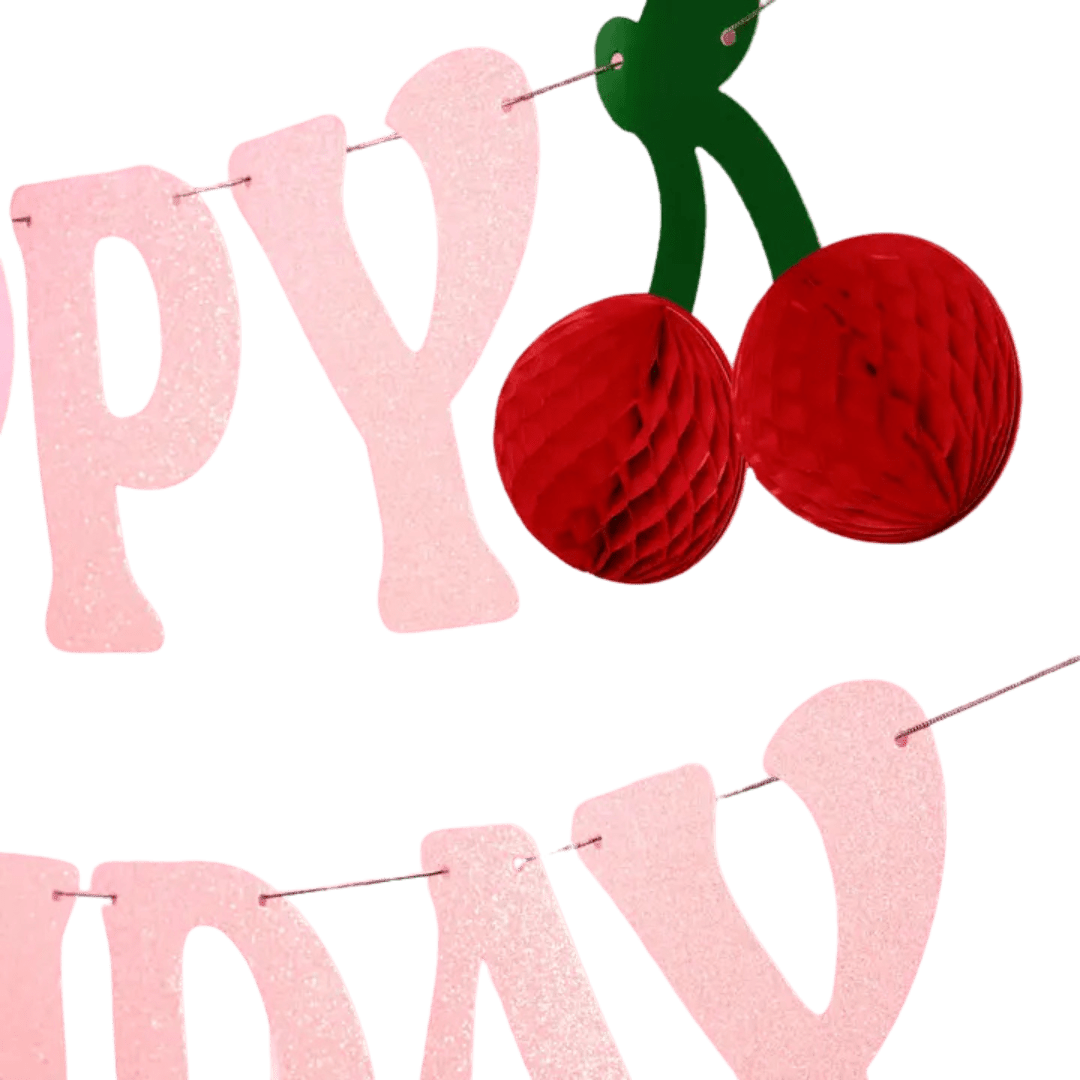 Pink glitter happy birthday banner with red cherry accents birthday theme from Parte Haus party supply store in Bethesda Maryland
