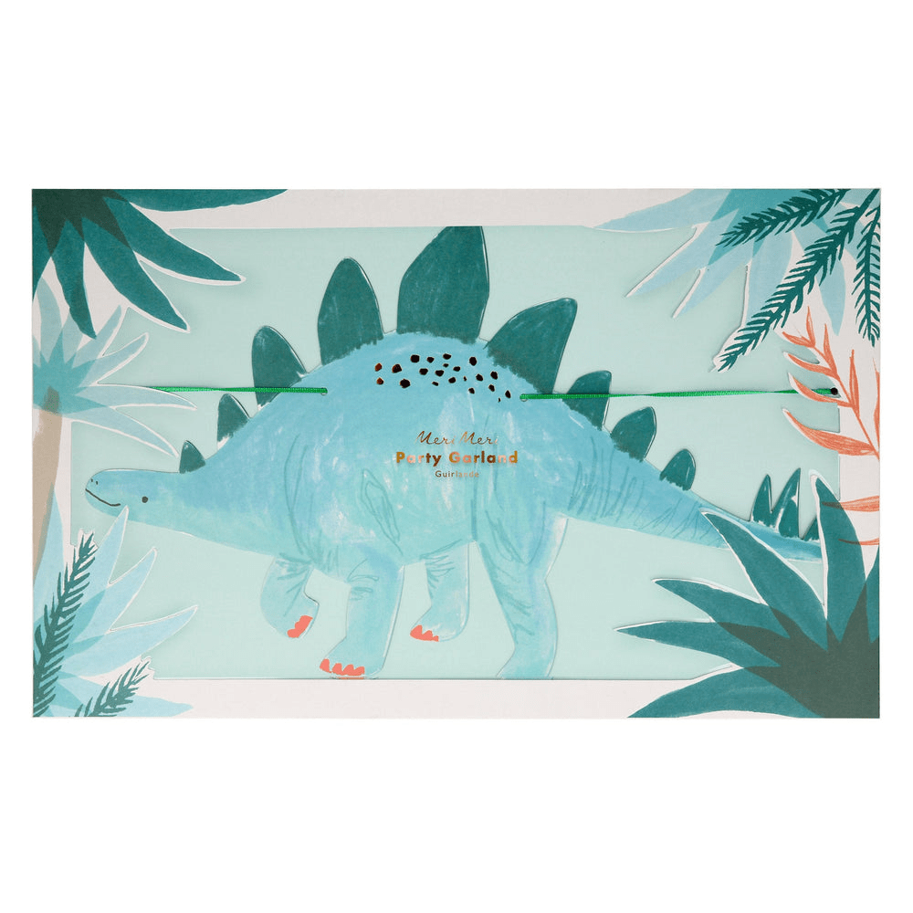 Green dinosaur garland with jungle leaves dinosaur birthday decor from Parte Haus party supply store in Bethesda MD