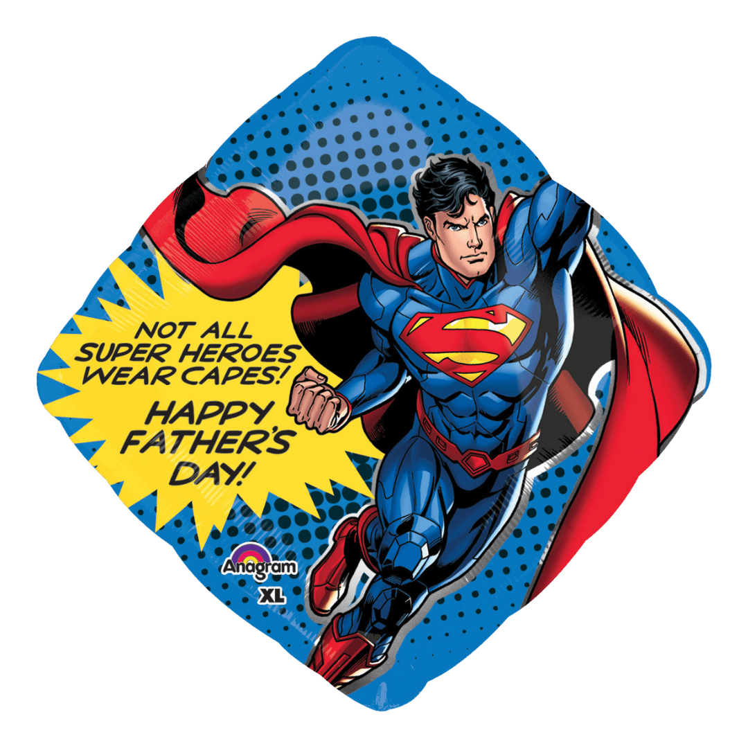 Blue Superman balloon with superhero and Happy Father's Day theme from Parte Haus party supply store in Bethesda MD