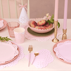 Pink scalloped plates and cups elegant birthday table decor spring theme from Parte Haus party supply store in Bethesda MD