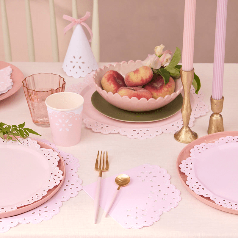 Pink scalloped plates and cups elegant birthday table decor spring theme from Parte Haus party supply store in Bethesda MD