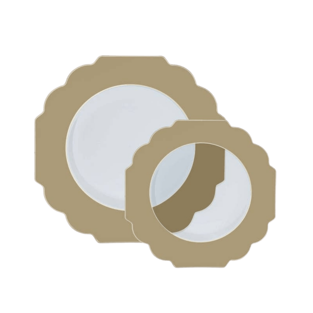 Gold and white scalloped edge plates for celebrations from Parte Haus party supply store in Bethesda Maryland