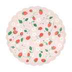 Pink strawberry floral paper plate with scalloped edge spring theme from Parte Haus party supply store in Bethesda Maryland