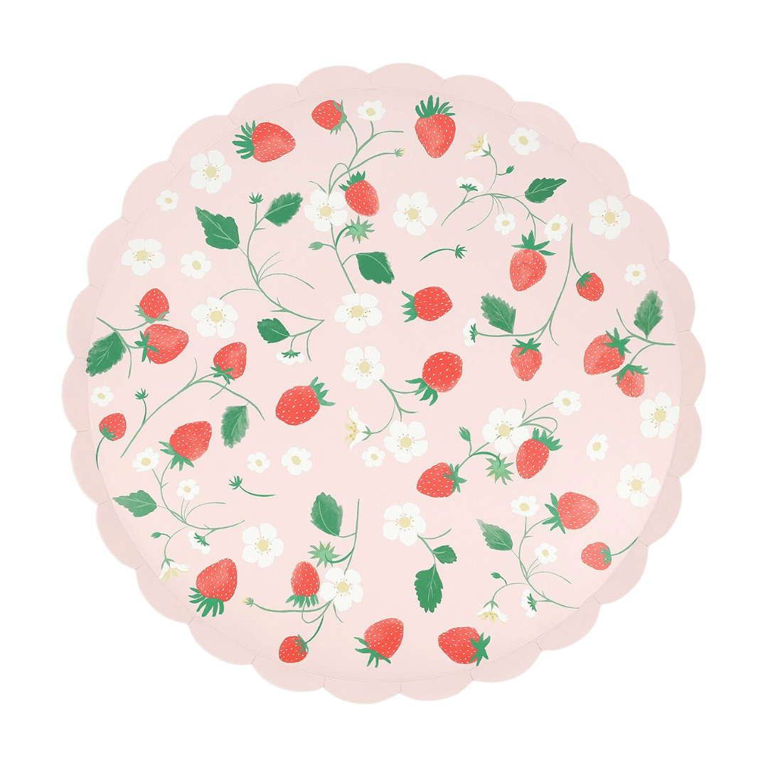 Pink strawberry floral paper plate with scalloped edge spring theme from Parte Haus party supply store in Bethesda Maryland