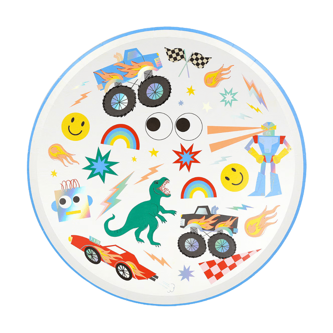 Multicolor kids plate with dinosaurs cars robots rainbows and smiley faces birthday theme from Parte Haus party supply store in Bethesda Maryland