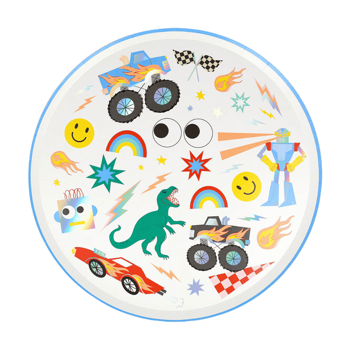 Multicolor kids plate with dinosaurs cars robots rainbows and smiley faces birthday theme from Parte Haus party supply store in Bethesda Maryland