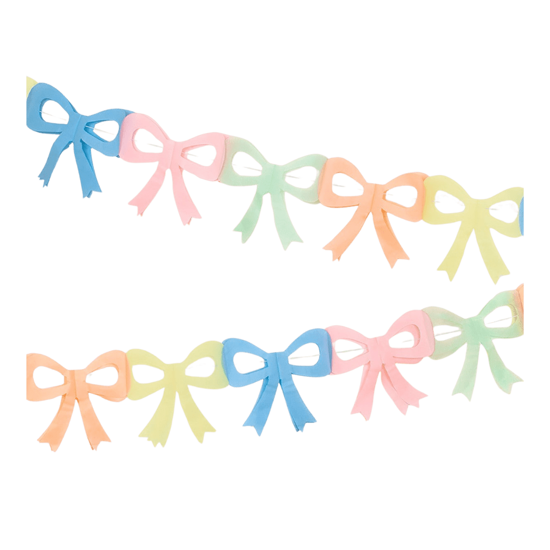 Pastel bow garland banner pastel ribbon decoration birthday theme from Parte Haus party supply store in Bethesda Maryland