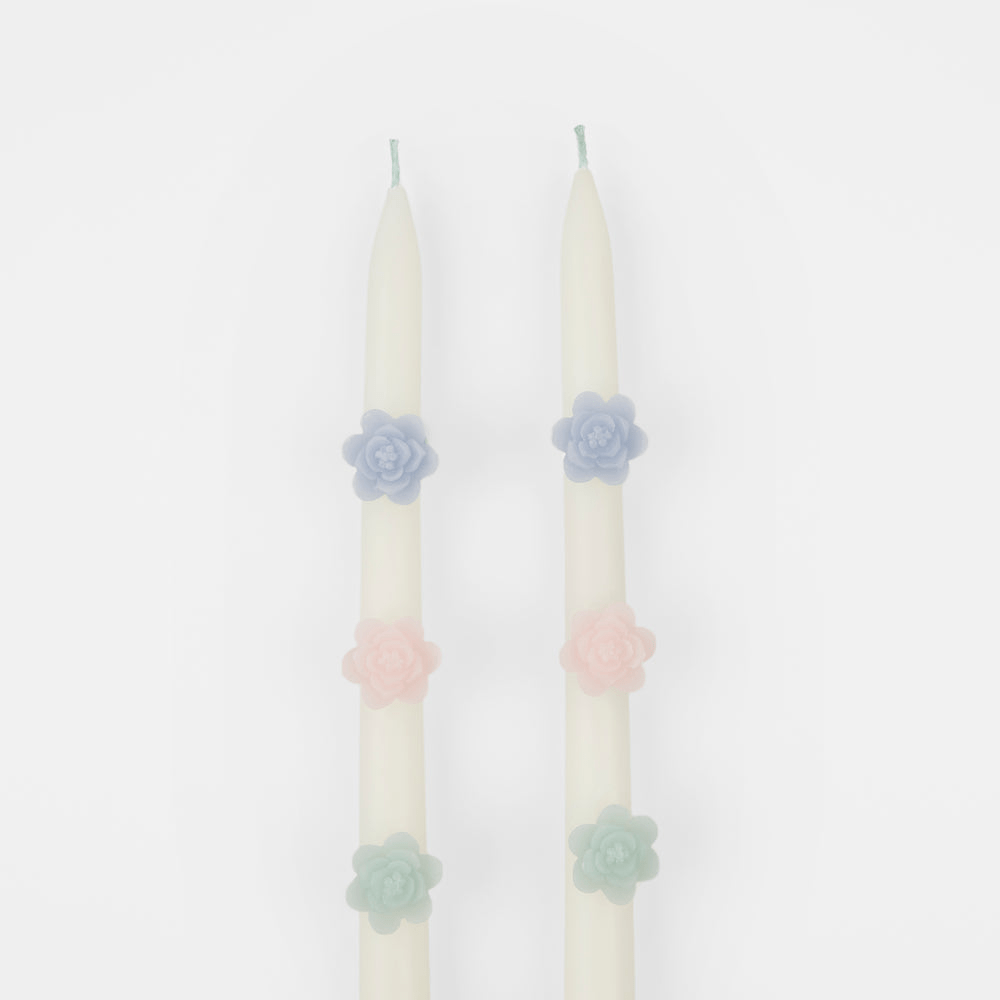 White floral taper candle set with pastel flower decorations for spring from Parte Haus party supply store in Bethesda Maryland.