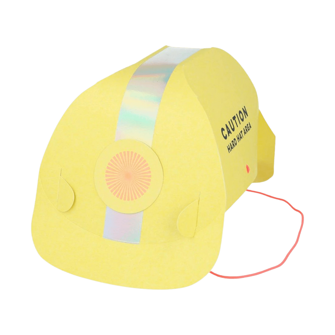 Yellow construction hat paper hat with warning text construction theme from Parte Haus party supply store in Bethesda MD