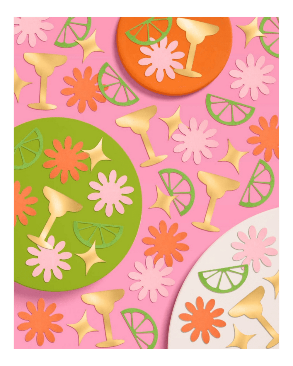 Colorful cocktail drink coasters with citrus and flower designs summer party theme from Parte Haus party supply store in Bethesda Maryland