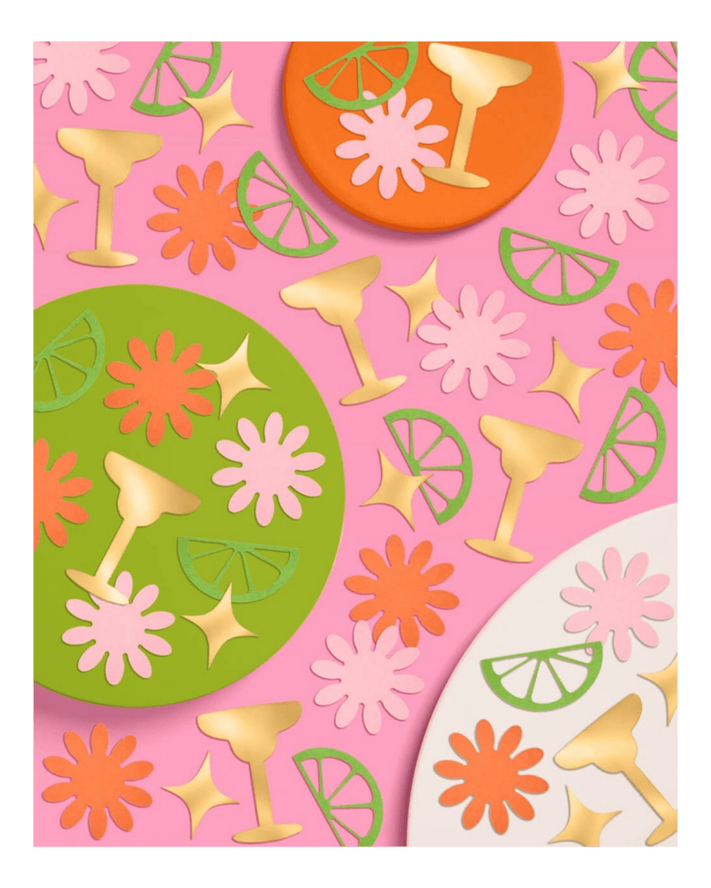 Colorful cocktail drink coasters with citrus and flower designs summer party theme from Parte Haus party supply store in Bethesda Maryland