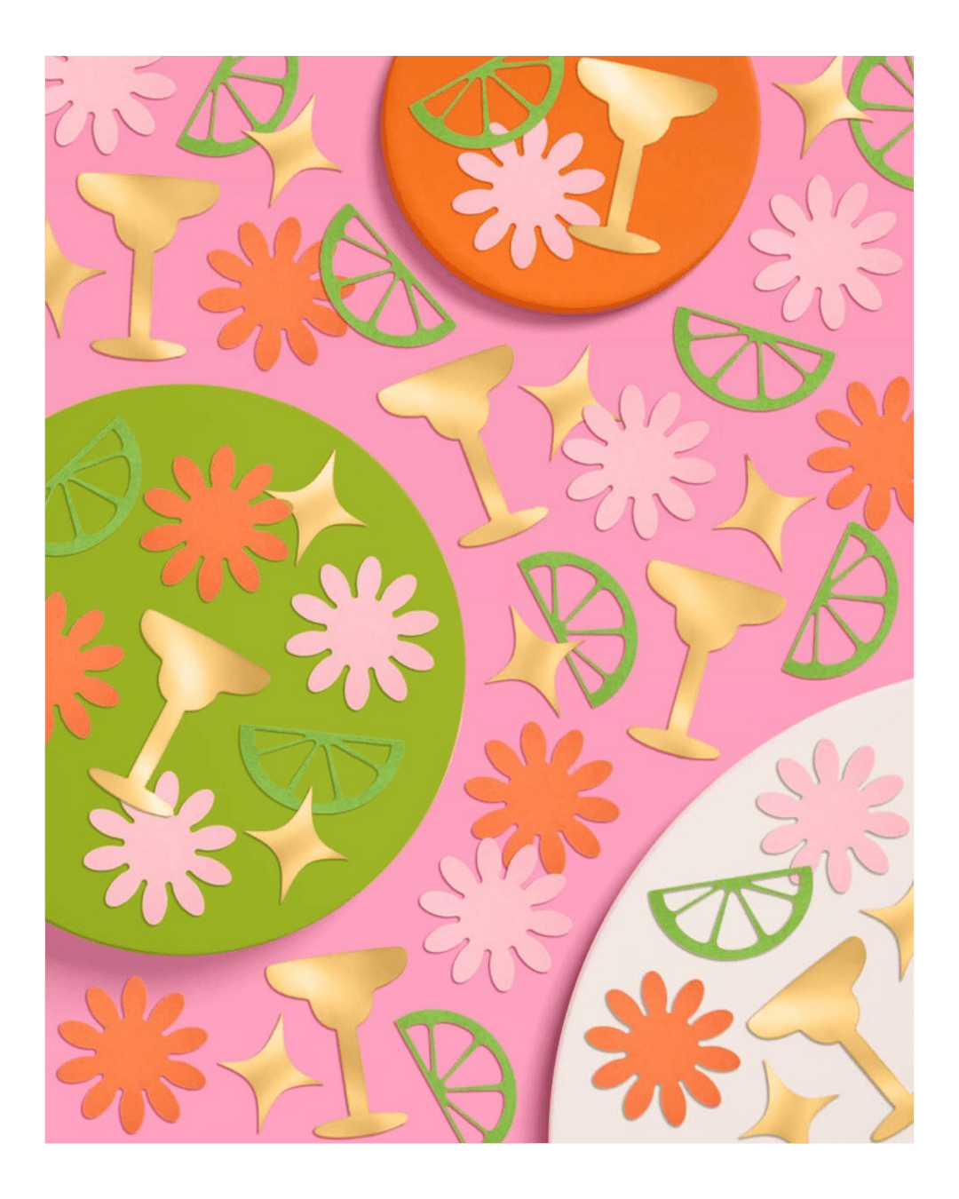 Colorful cocktail drink coasters with citrus and flower designs summer party theme from Parte Haus party supply store in Bethesda Maryland