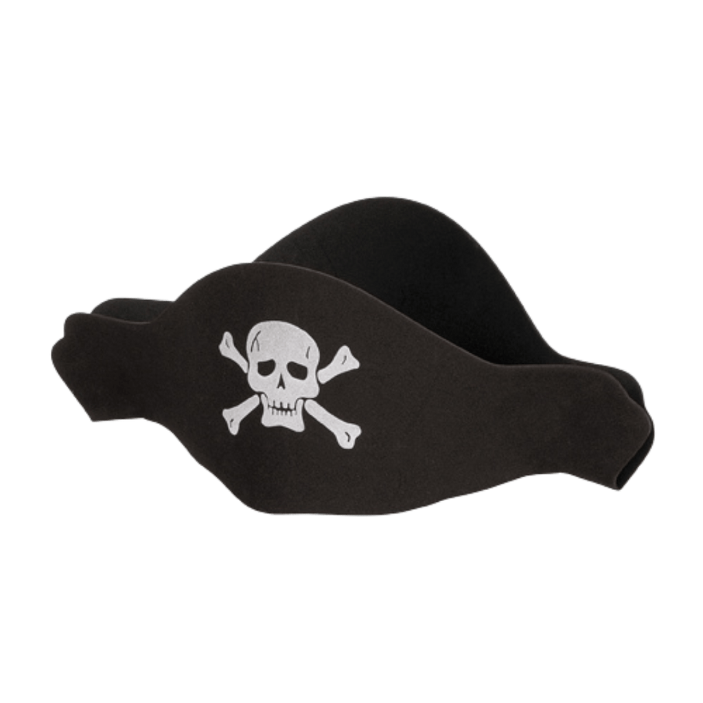 Black pirate hat with skull and crossbones pirate theme from Parte Haus party supply store in Bethesda Maryland