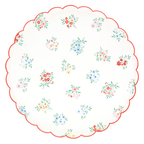 white floral paper plate with scalloped red edge flowers spring theme from Parte Haus party supply store in Bethesda MD