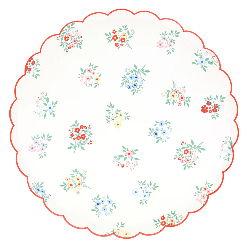white floral paper plate with scalloped red edge flowers spring theme from Parte Haus party supply store in Bethesda MD