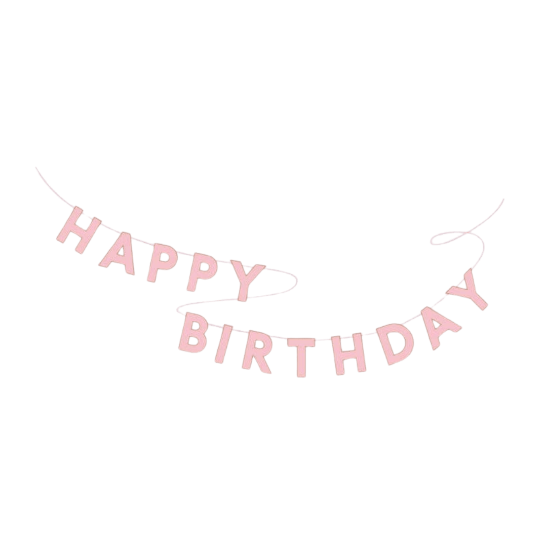 Pink birthday banner with bold letters for birthday theme from Parte Haus party supply store in Bethesda MD.