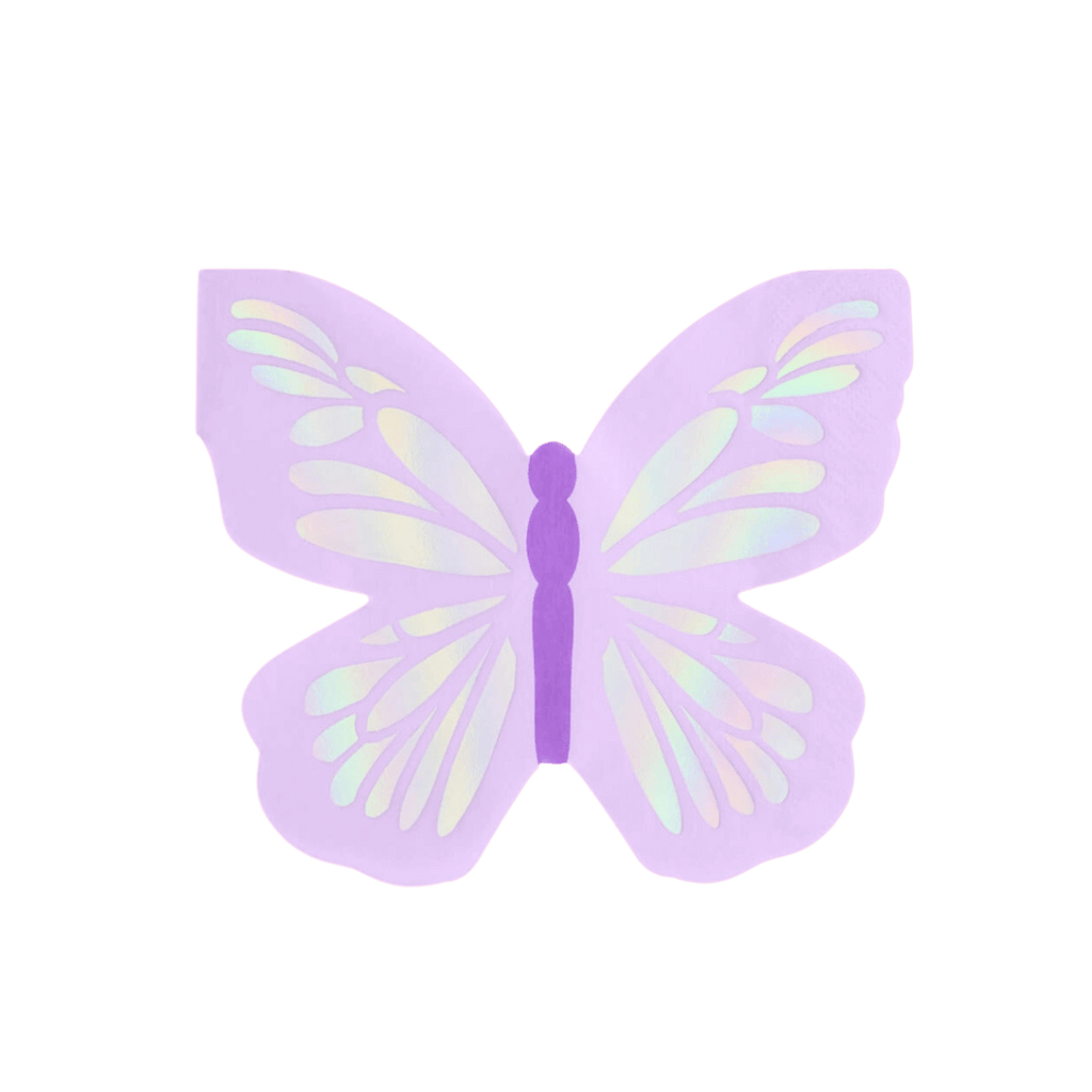Lavender butterfly shaped napkin with iridescent detailing birthday theme from Parte Haus party supply store in Bethesda Maryland