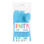 Blue plastic cutlery set in clear package for colorful celebration from Parte Haus party supply store in Bethesda MD