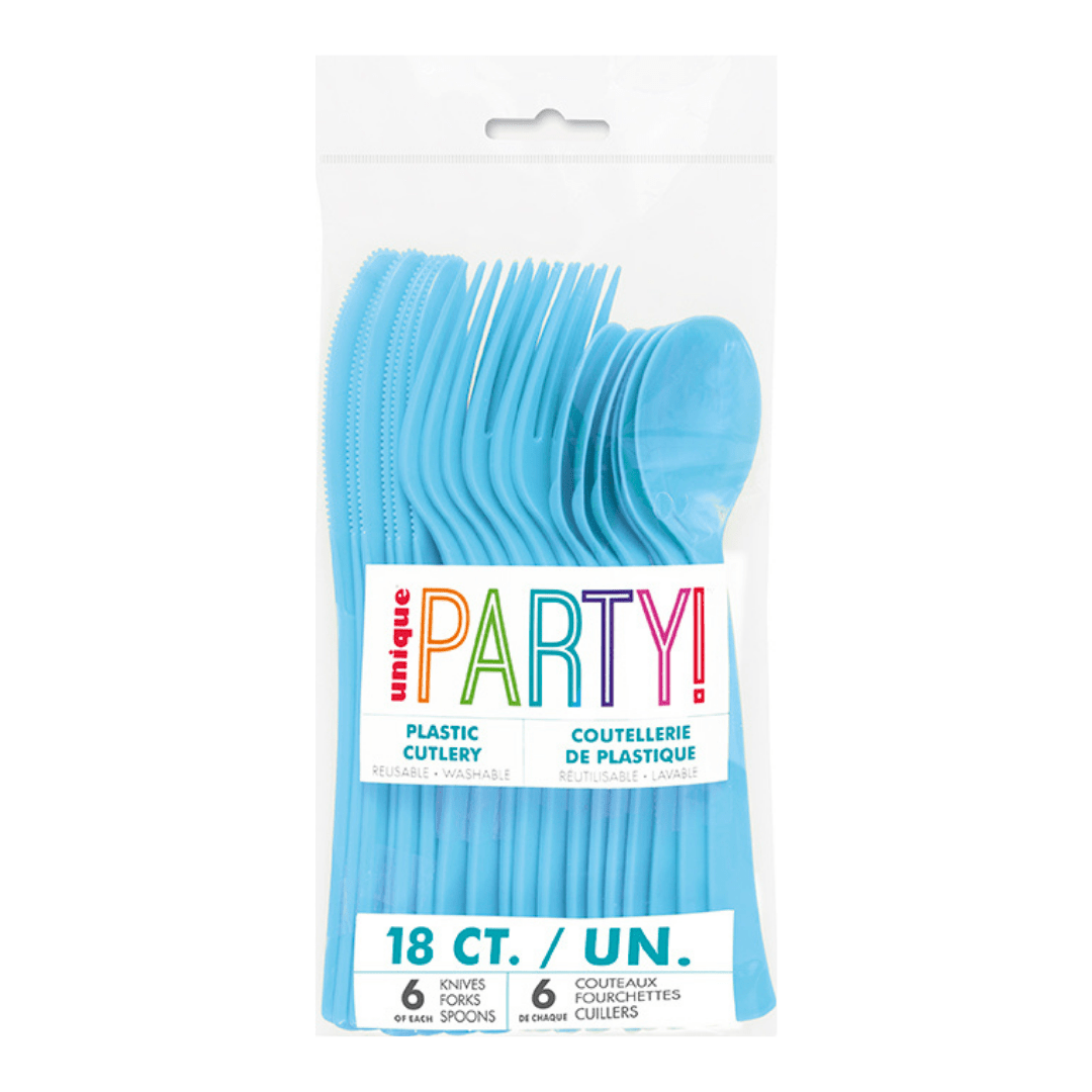 Blue plastic cutlery set in clear package for colorful celebration from Parte Haus party supply store in Bethesda MD