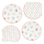 White floral paper plates with scalloped edges spring picnic theme from Parte Haus party supply store in Bethesda MD.