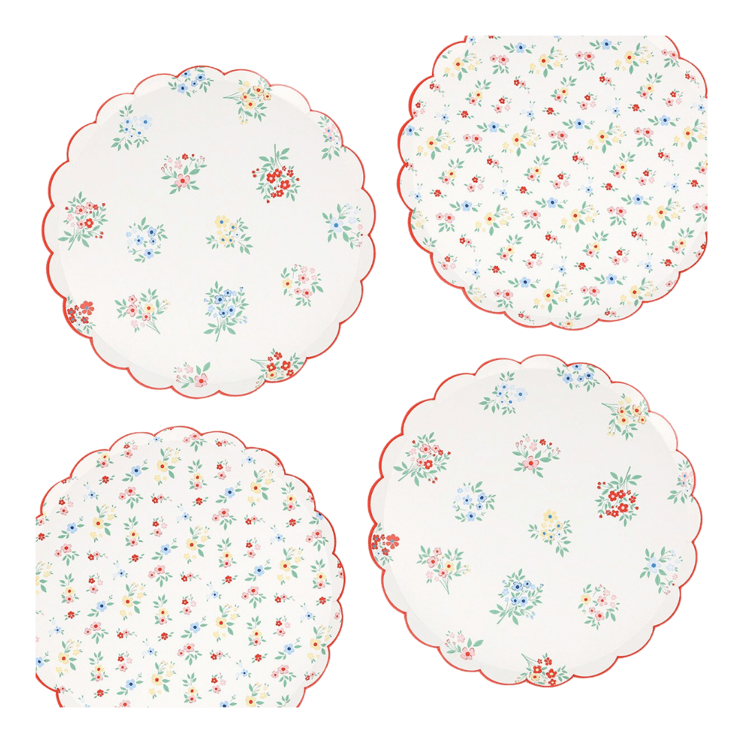 White floral paper plates with scalloped edges spring picnic theme from Parte Haus party supply store in Bethesda MD.