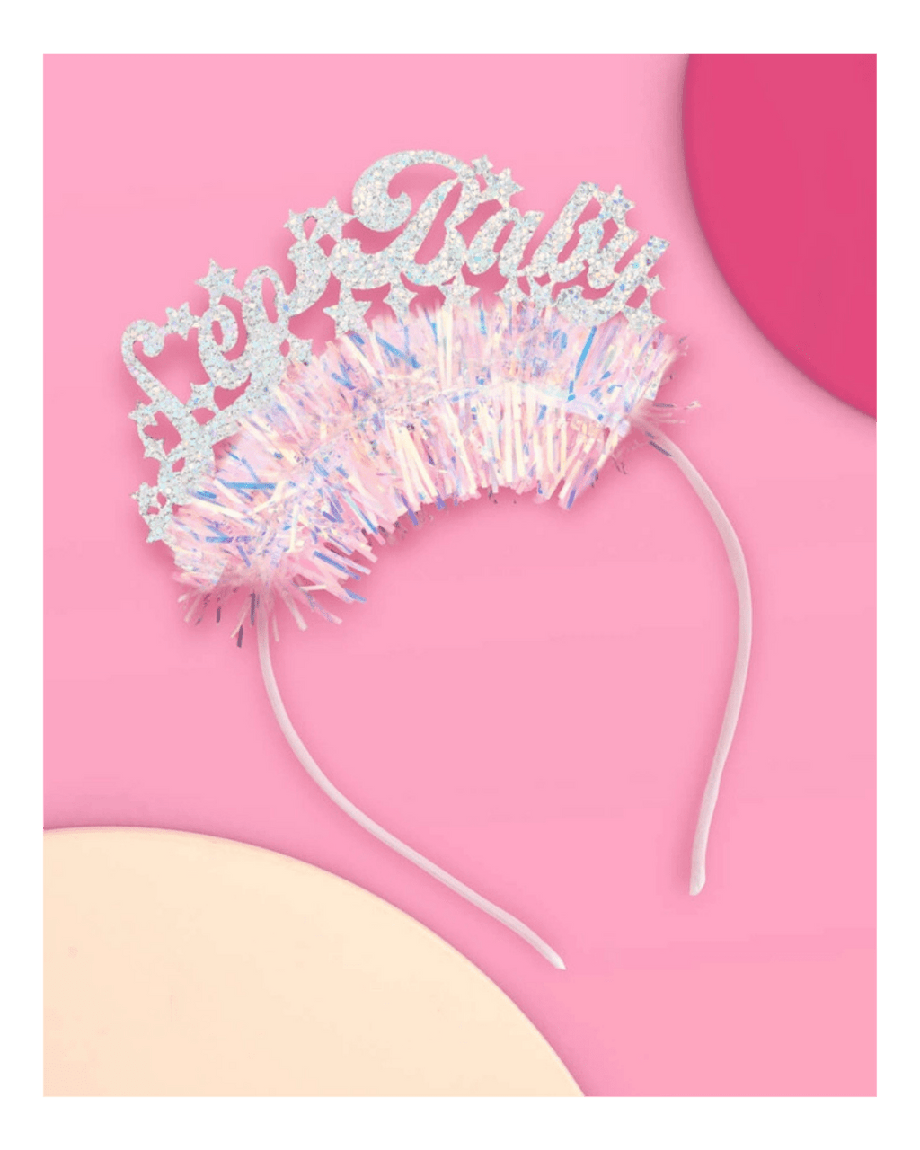 Silver blue glitter headband with Let’s Party lettering for birthday from Parte Haus party supply store in Bethesda MD