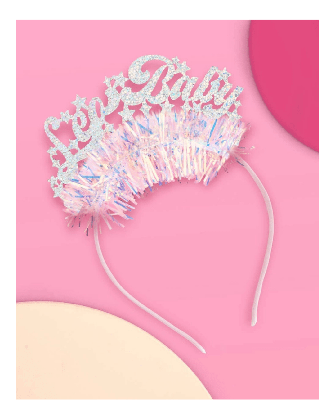 Silver blue glitter headband with Let’s Party lettering for birthday from Parte Haus party supply store in Bethesda MD