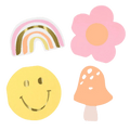 Pastel custom cutout shapes retro rainbow smiley flower and mushroom for birthday from Parte Haus party supply store in Bethesda MD