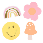 Pastel custom cutout shapes retro rainbow smiley flower and mushroom for birthday from Parte Haus party supply store in Bethesda MD