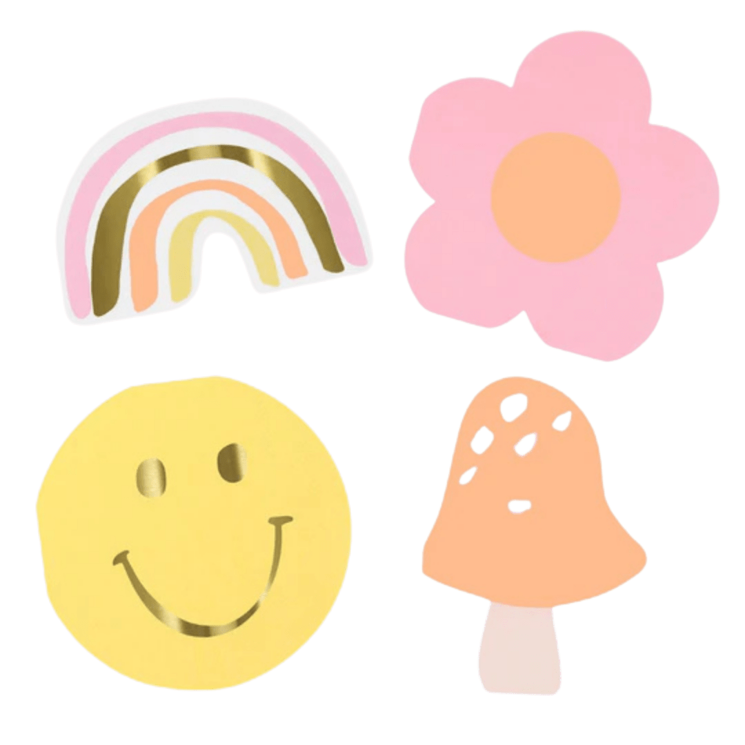 Pastel custom cutout shapes retro rainbow smiley flower and mushroom for birthday from Parte Haus party supply store in Bethesda MD