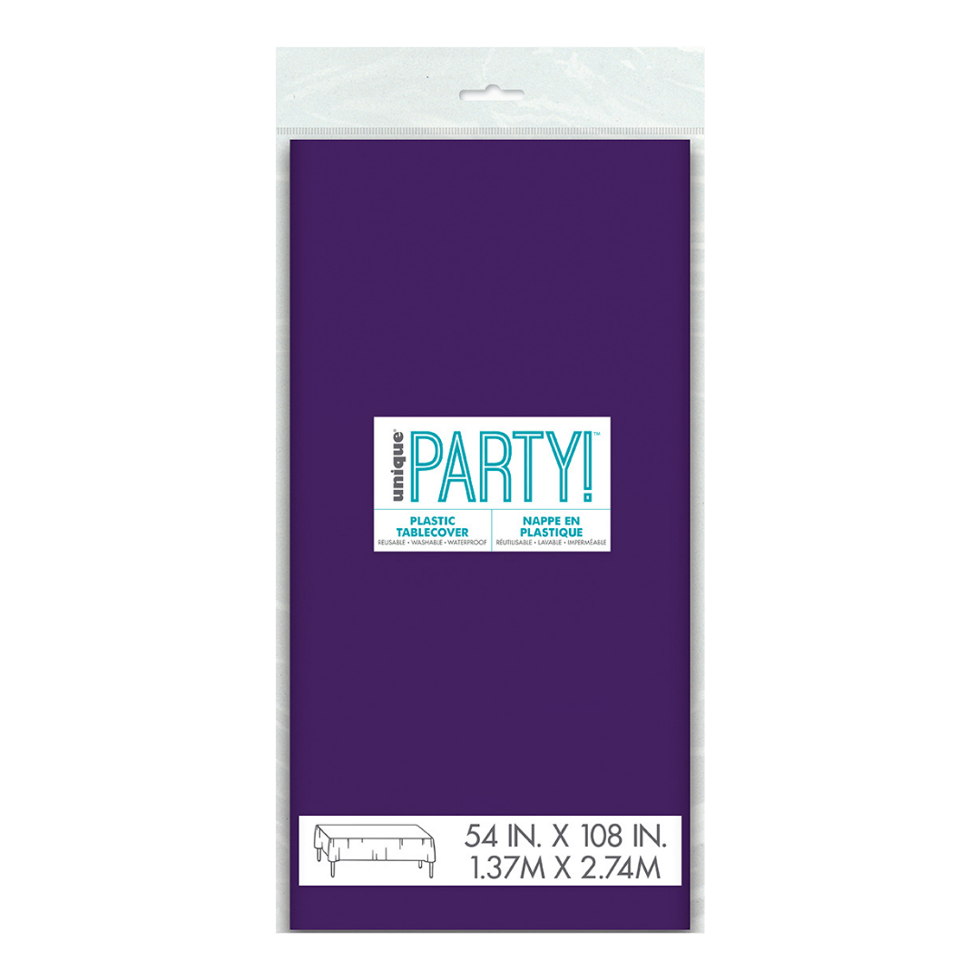 Purple plastic tablecover packaged for birthday celebration from Parte Haus party supply store in Bethesda Maryland