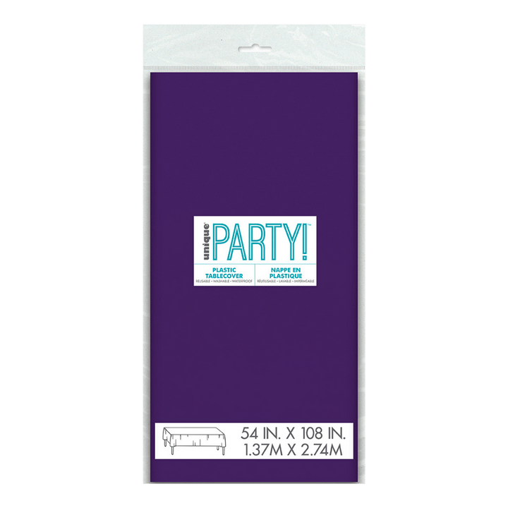 Purple plastic tablecover packaged for birthday celebration from Parte Haus party supply store in Bethesda Maryland