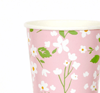 Pink floral paper cup with white and green flower design spring theme from Parte Haus party supply store in Bethesda Maryland