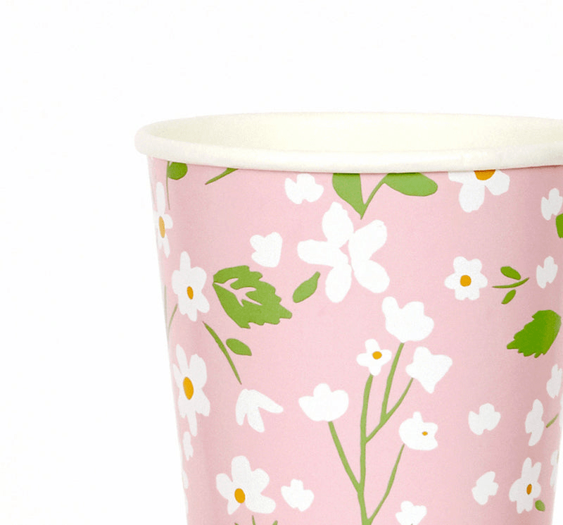 Pink floral paper cup with white and green flower design spring theme from Parte Haus party supply store in Bethesda Maryland