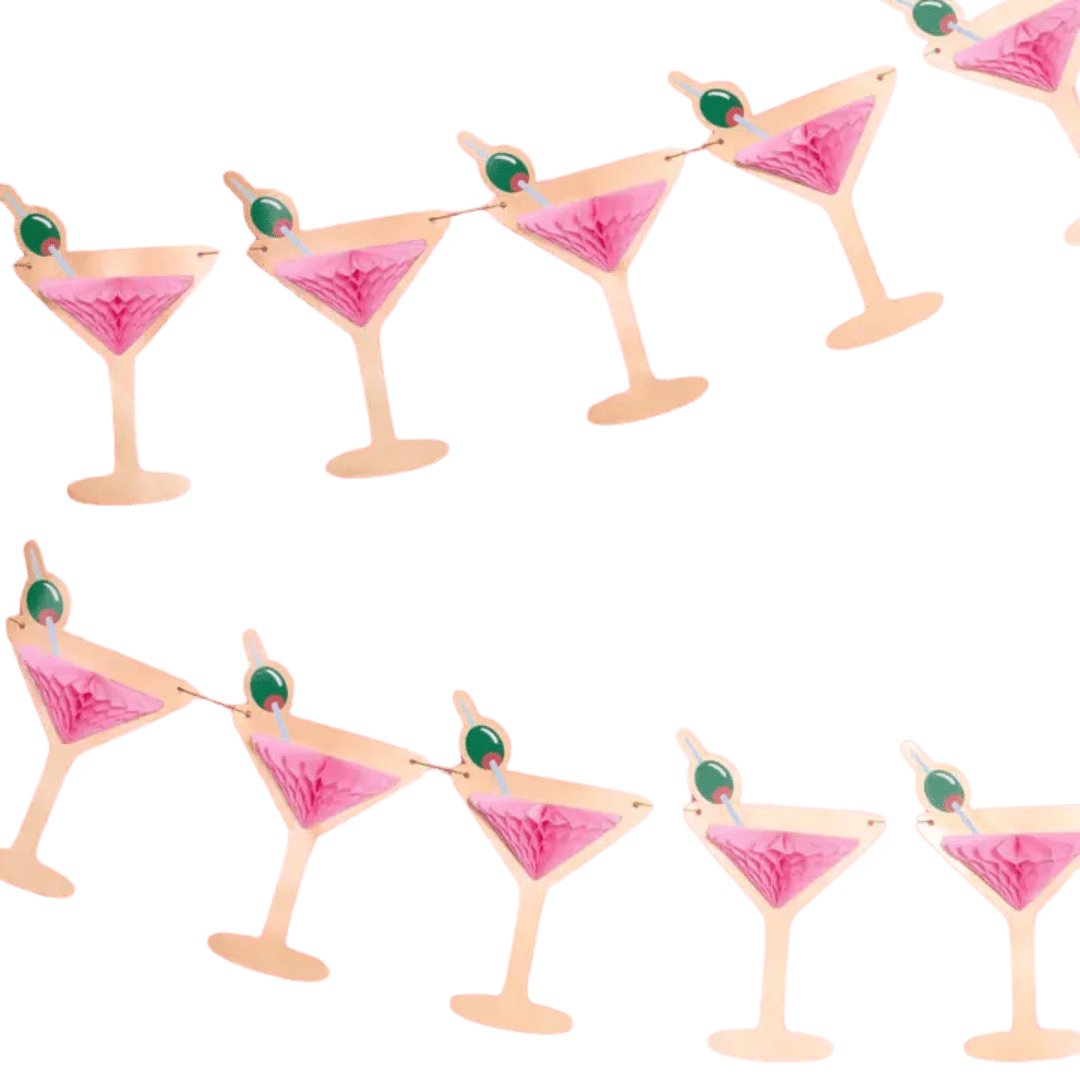 Pink martini glass garland banner for celebration theme from Parte Haus party supply store in Bethesda MD