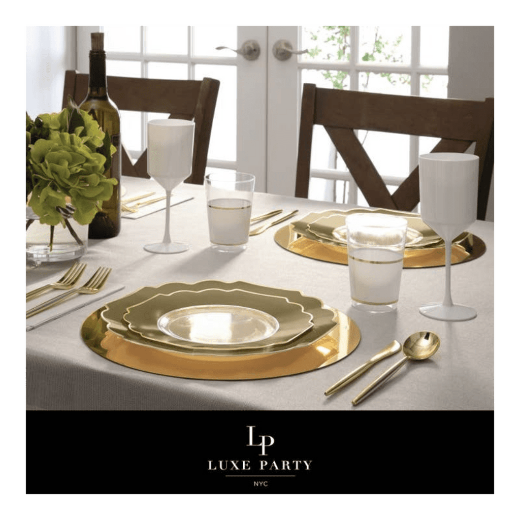 Gold scalloped edge dinnerware elegant table setting formal event from Parte Haus party supply store in Bethesda MD
