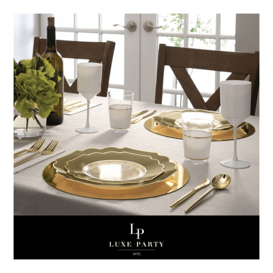 Gold scalloped edge dinnerware elegant table setting formal event from Parte Haus party supply store in Bethesda MD
