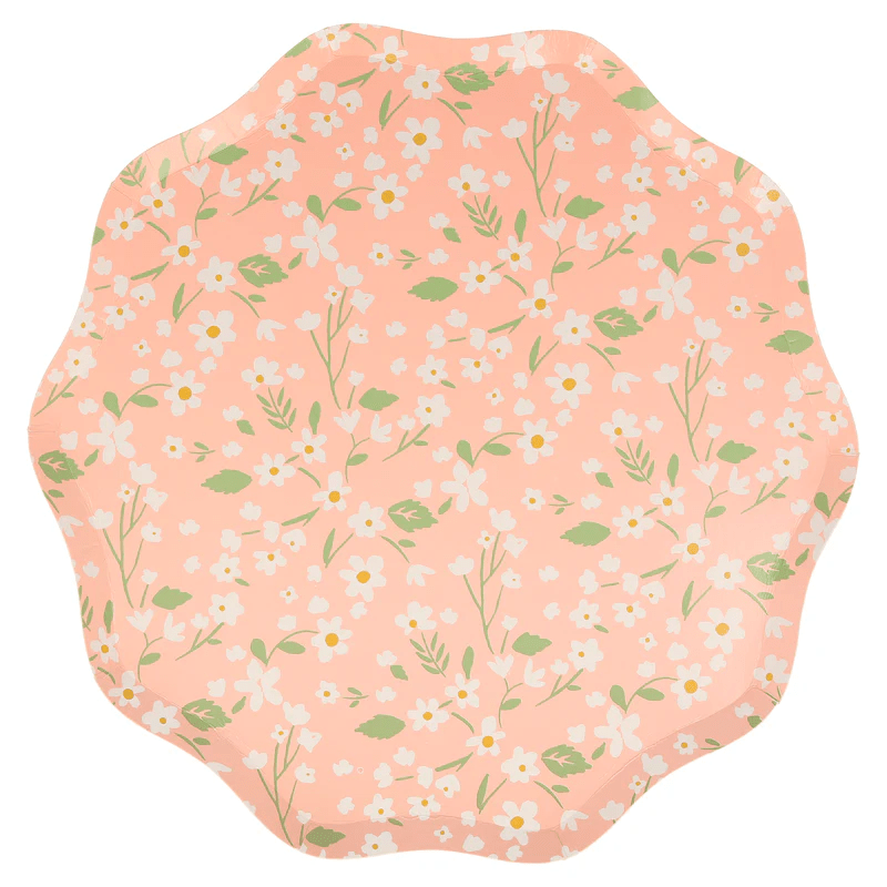 Peach floral plate with scalloped edges spring garden theme from Parte Haus party supply store in Bethesda Maryland