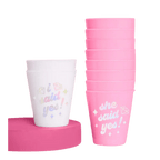 Pink and white engagement cups with diamond designs bridal shower theme from Parte Haus party supply store in Bethesda MD