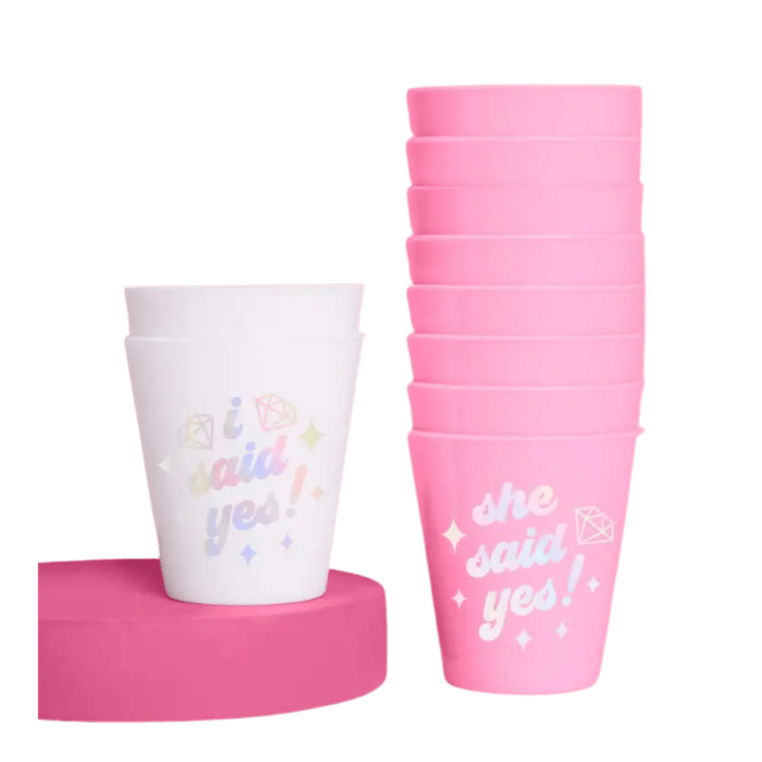 Pink and white engagement cups with diamond designs bridal shower theme from Parte Haus party supply store in Bethesda MD