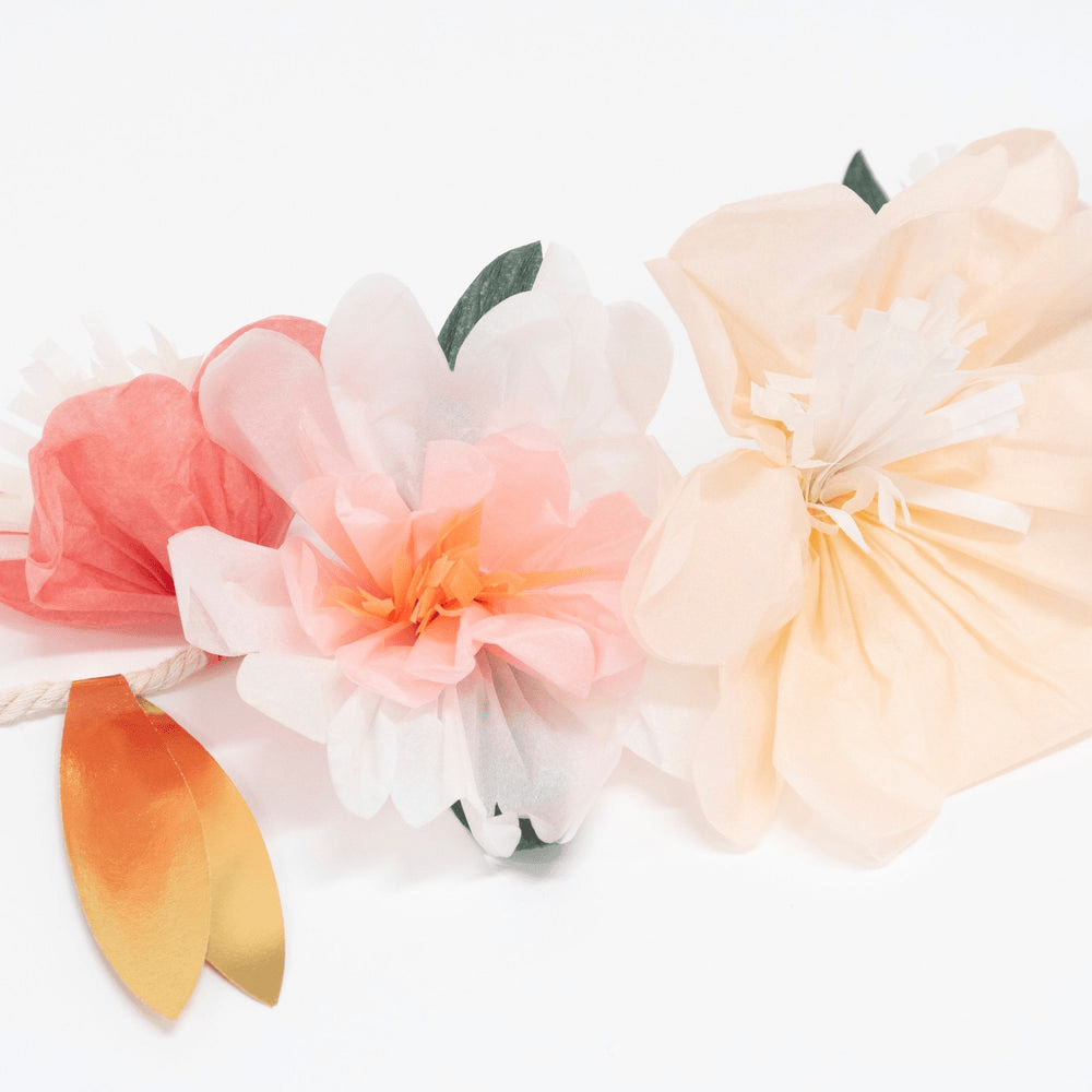 Peach and pink flower tissue paper garland for spring from Parte Haus party supply store in Bethesda MD