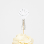 White and silver shell cupcake topper with metallic fringe for beach theme from Parte Haus party supply store in Bethesda Maryland