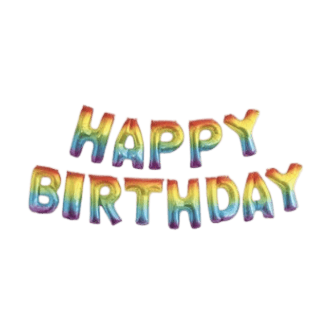 Rainbow balloon letter banner saying Happy Birthday colorful birthday theme from Parte Haus party supply store in Bethesda MD