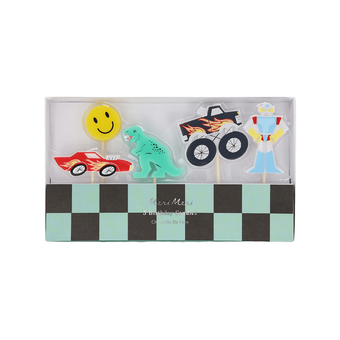 colorful birthday candles with car dinosaur monster truck smiley face and robot for kids from Parte Haus party supply store in Bethesda Maryland