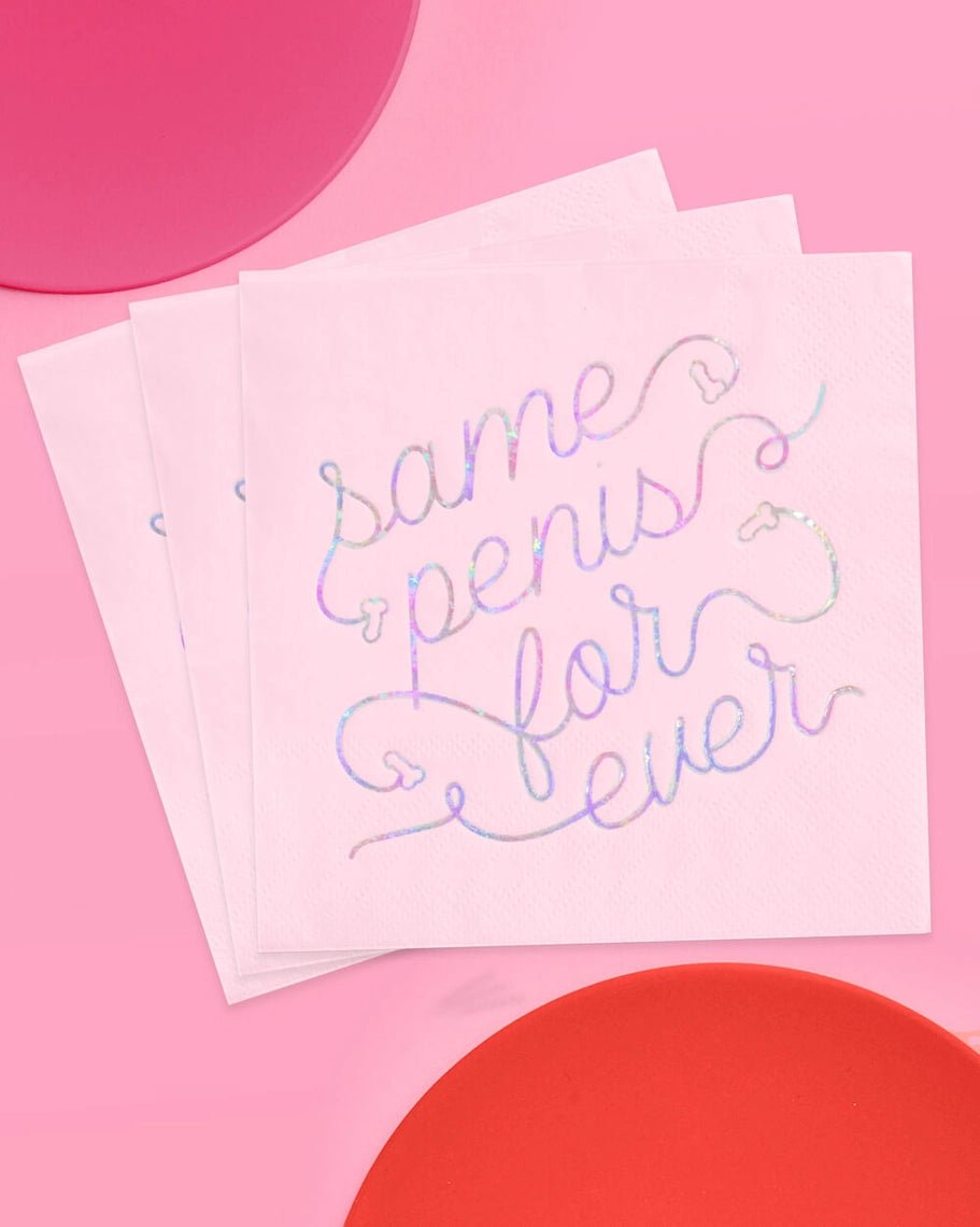 Pink bachelorette napkins with holographic Same Penis Forever text from Parte Haus party supply store in Bethesda Maryland