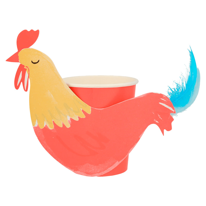 Red chicken themed paper cup with yellow and blue feathers farm party from Parte Haus party supply store in Bethesda MD.