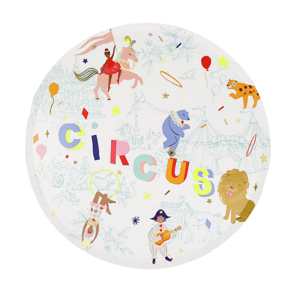 Colorful circus theme round plate with animals and performers from Parte Haus party supply store in Bethesda MD