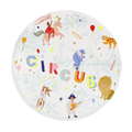 Colorful circus theme round plate with animals and performers from Parte Haus party supply store in Bethesda MD