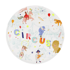 Colorful circus theme round plate with animals and performers from Parte Haus party supply store in Bethesda MD