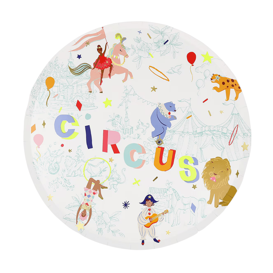 Colorful circus theme round plate with animals and performers from Parte Haus party supply store in Bethesda MD